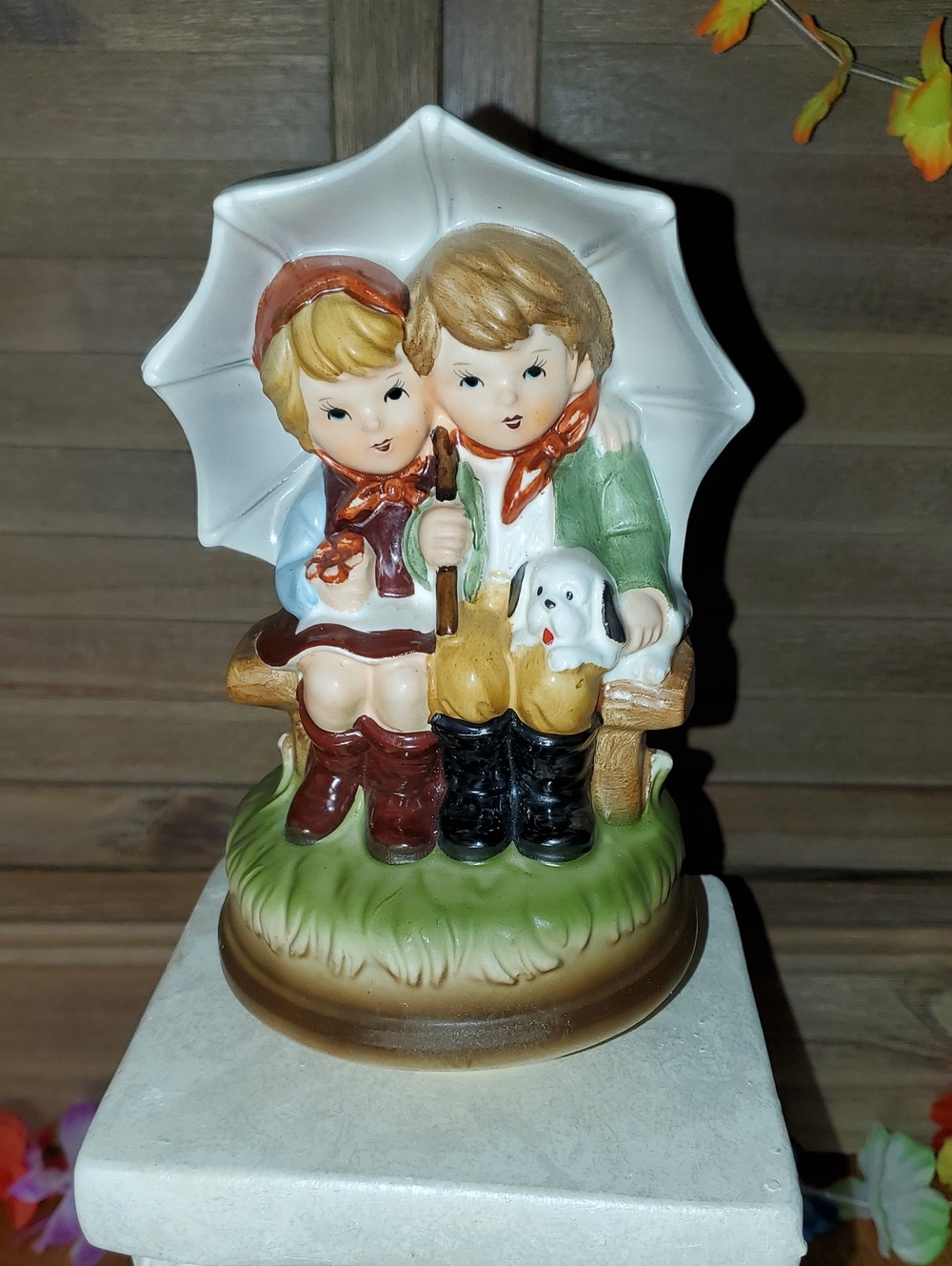 Vintage Japan Ceramic Boy and Girl Figurine with Umbrella Music Box